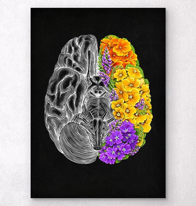 Anatomical Brain With Flowers - Black 3 Anatomical Brain With Flowers - Black