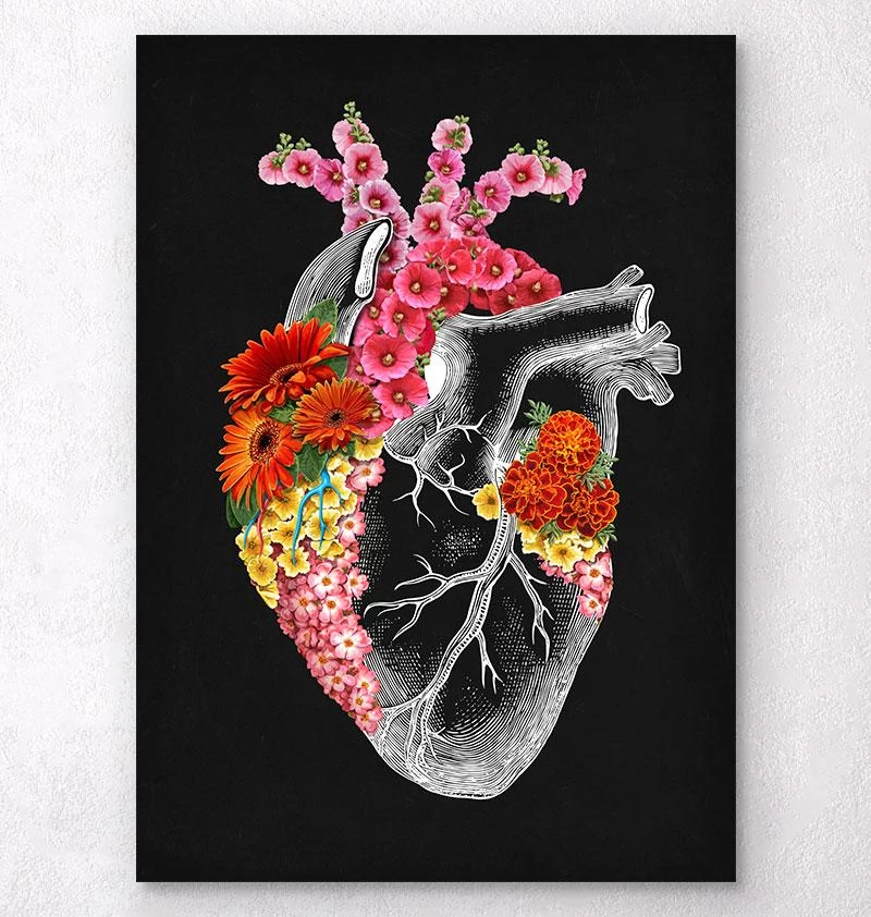 Anatomical Heart With Flowers II - Black 3 Anatomical Heart With Flowers II - Black