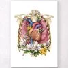 Heart, Lungs And Rib Cage - Floral - White