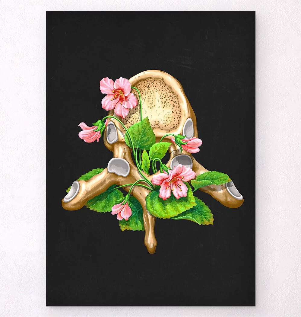 Thoracic Vertebrae - Floral - Black 3 Thoracic Vertebrae - Floral - Black