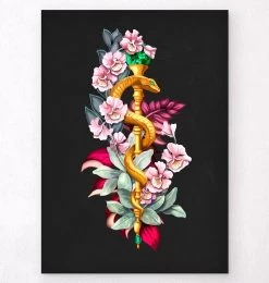 Rod Of Asclepius - Floral - Black