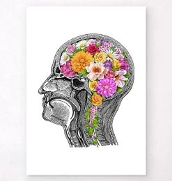 Anatomical Brain With Flowers II - White