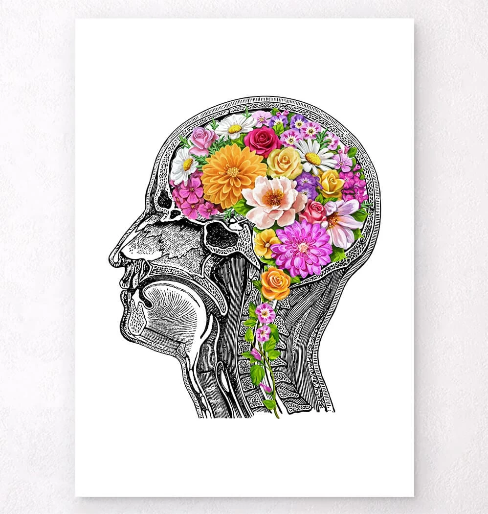 Anatomical Brain With Flowers II - White 3 Anatomical Brain With Flowers II - White